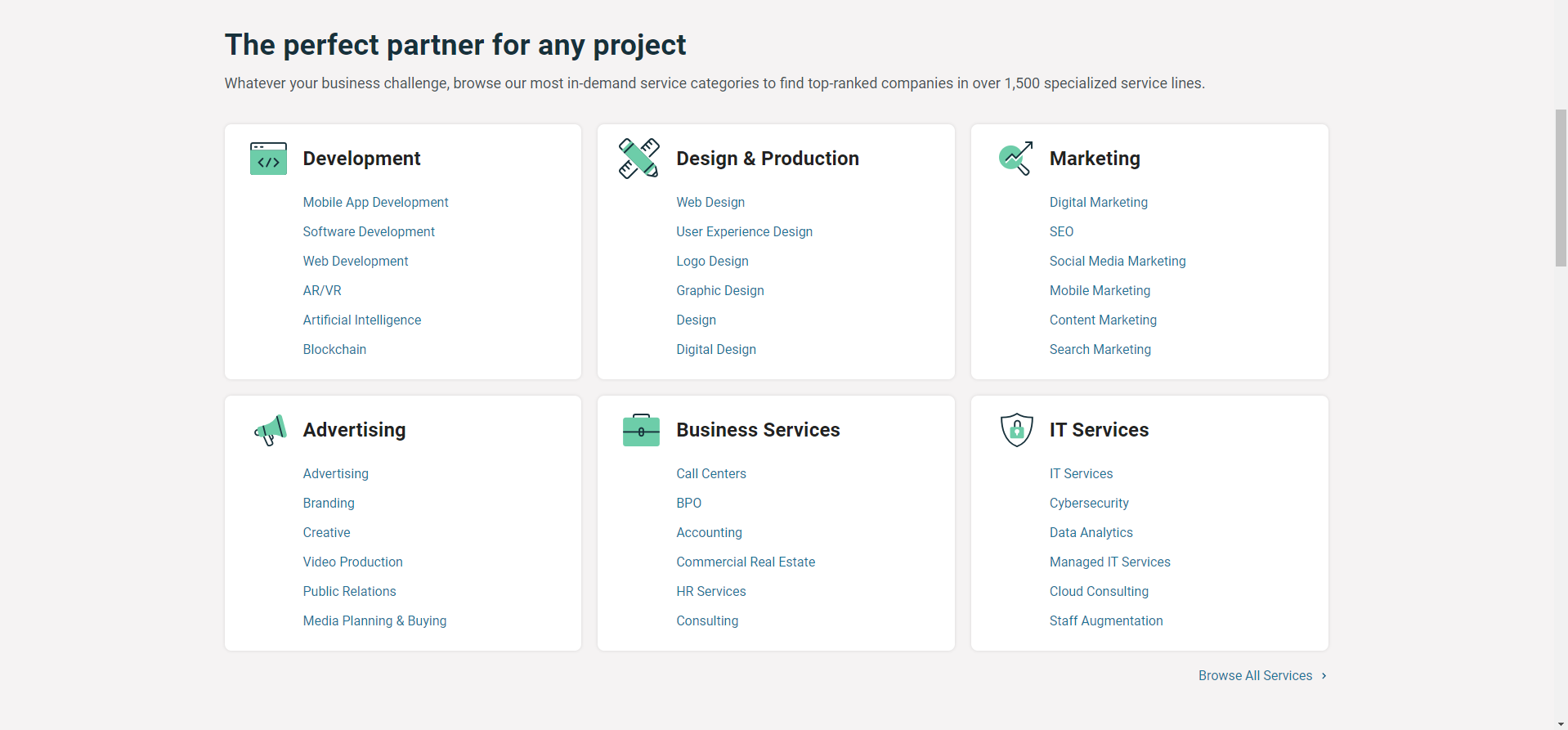 Screenshot showcasing a variety of service categories listed on a directory platform, including Development, Design & Production, Marketing, Advertising, Business Services, and IT Services, illustrating the extensive options available for finding specialized software development partners.