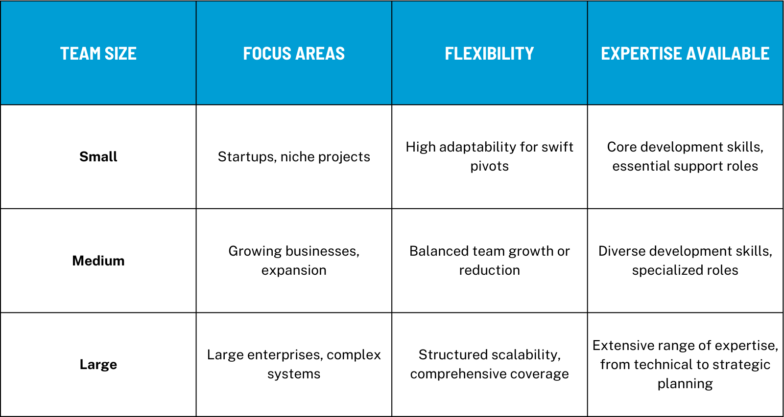Comparison table showing the focus areas, flexibility, and available expertise for small, medium, and large dedicated development teams, highlighting adaptability and global talent access for software development projects.