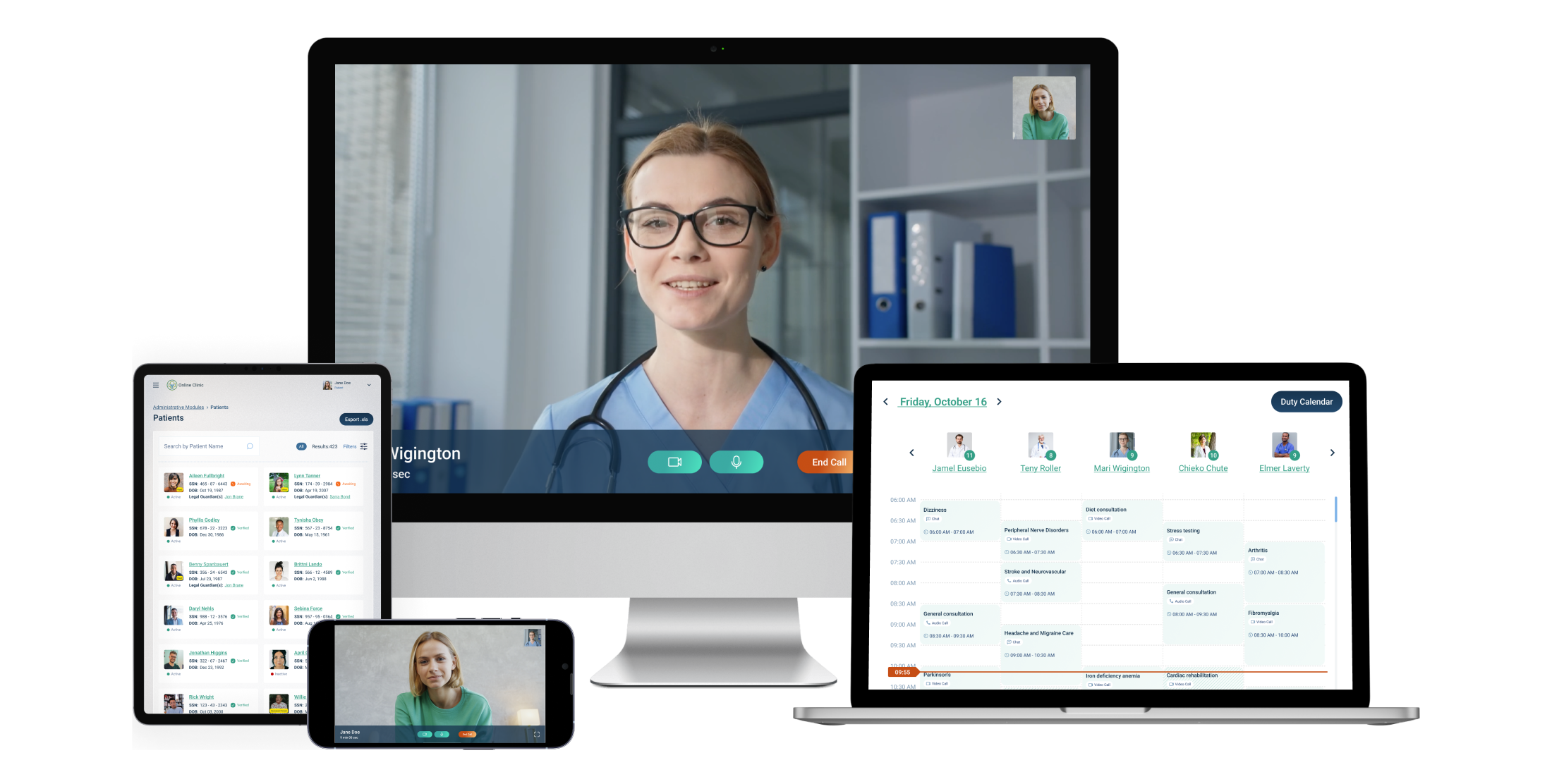 A multi-device display of a telehealth platform showing a smiling doctor on a video call, patient profiles on a tablet, and a scheduling calendar on a laptop, illustrating the seamless online clinic experience.