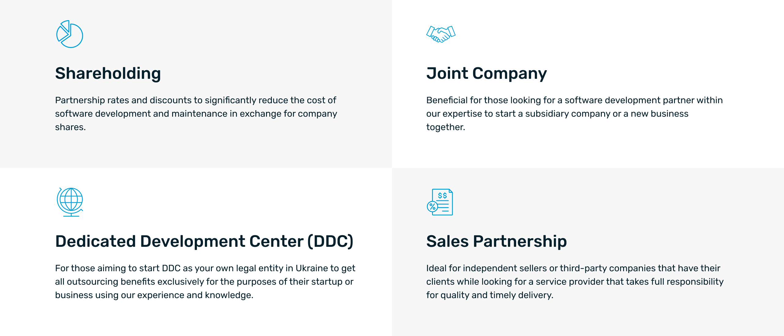 Infographic displaying different software development partnership models including Shareholding, Joint Company, Dedicated Development Center (DDC), and Sales Partnership, each offering unique benefits and collaboration opportunities for business growth and software innovation.